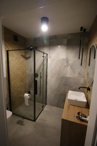 维斯瓦Apartament ARS Platinium Wisła的一间带玻璃淋浴和水槽的浴室