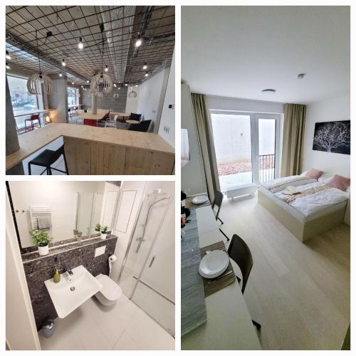 布尔诺Garden apartment Brno center的客厅和卧室的两张照片