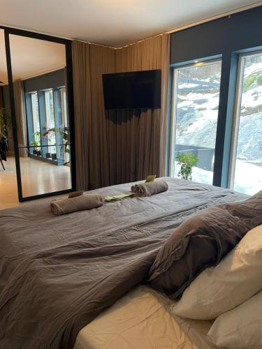 TorshällaOrrvägen的卧室内的一张大床,配有大镜子