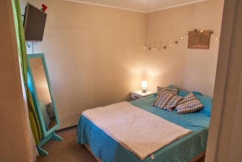 阿里卡Departamento amoblado en arriendo的一间卧室配有一张带蓝色床单和枕头的床。