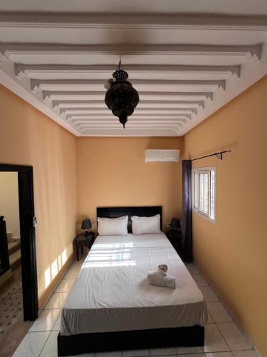 马拉喀什Riad Paolo Piscine Palmeraie的一间卧室配有一张床和一个吊灯