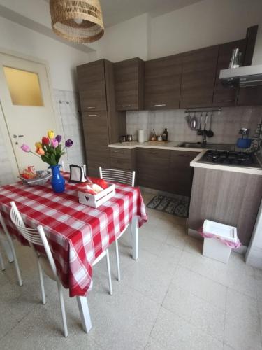 罗马Appartamento Fiore Roma Cinecittà的厨房配有一张桌子和红白的桌布