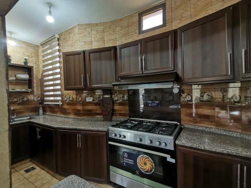 Top OverView Resort的厨房配有木制橱柜和炉灶。