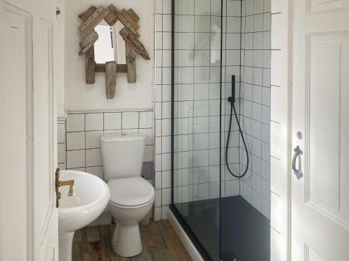 LlandwrogTy Newydd的浴室配有卫生间、盥洗盆和淋浴。