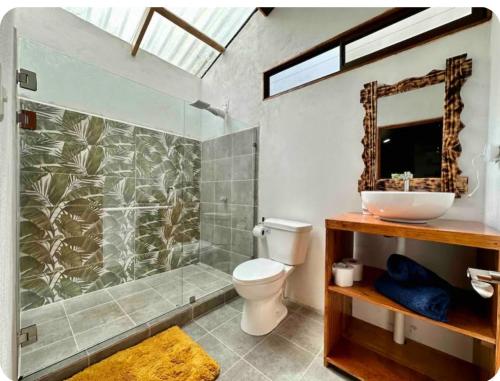 圣拉蒙Romantic Private Cabin in the Forest, Bungalows Tulipanes的浴室设有卫生间和带镜子的淋浴