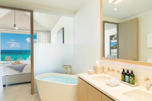 普罗维登西亚莱斯岛Rock House的带浴缸的浴室,享有海景。