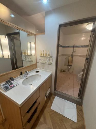 富山Hotel Torni ホテル トルニ的一间带水槽和淋浴的浴室