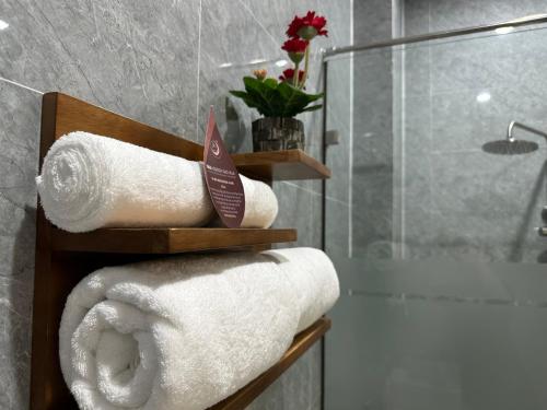 洞海Lena Homestay & Villa的浴室配有毛巾架和毛巾