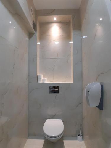 萨拉热窝Hotel PEKING的一间带卫生间和大理石墙的浴室