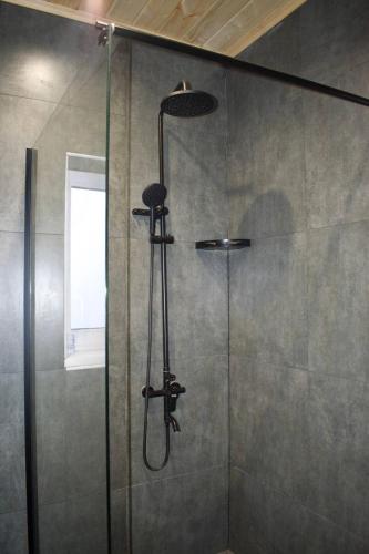 UralʼskRauda home的浴室里设有玻璃门淋浴