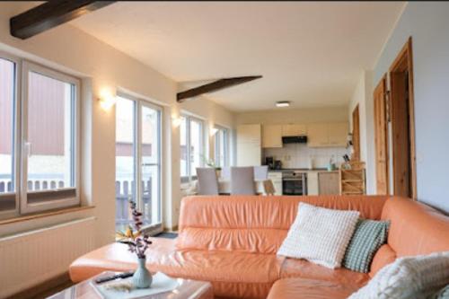 巴特尚道Ferienhaus Rudolph的一间带橙色沙发的客厅和一间厨房