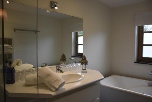 YvoirLa Colline aux Fées propriété privée的一间带水槽和镜子的浴室