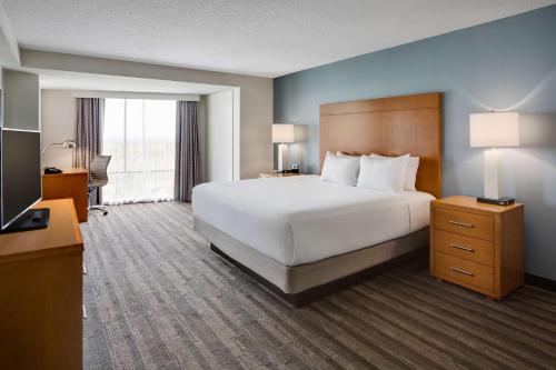 温莎北哈特福特/温莎凯悦宾馆的酒店客房设有一张大床和一台电视。