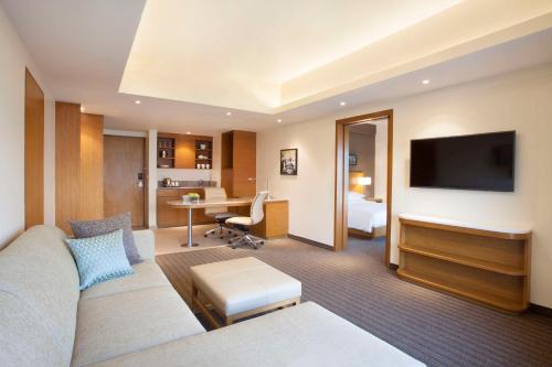 海得拉巴Hyatt Place Hyderabad Banjara Hills的酒店客房设有沙发、电视和书桌。