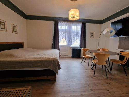 大舍瑙Villa Hänsch Suite 2的卧室配有一张床和一张桌子及椅子