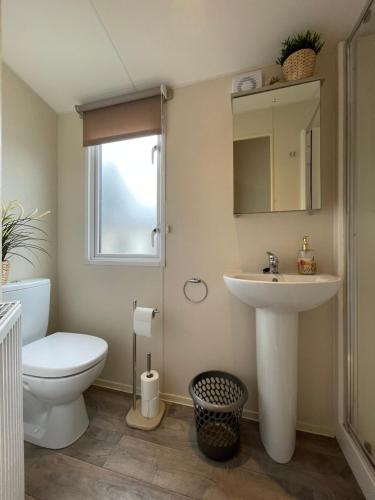 塞顿港Seton Sands Haven Holiday Park - Prestige Caravan的浴室配有白色卫生间和盥洗盆。