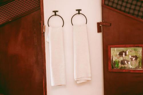 卡拉图Ngorongoro Camp and Lodge的两条毛巾挂在门边的墙上
