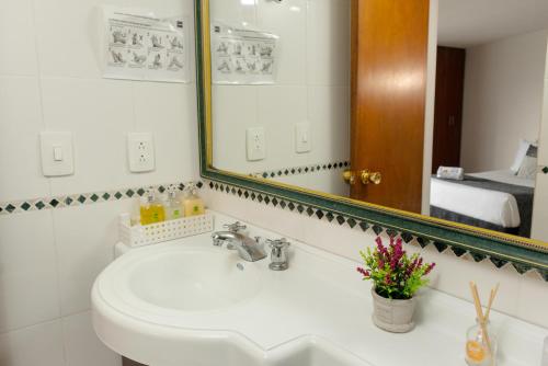 马尼萨莱斯雷吉娜马尼萨莱斯酒店的一间带水槽和镜子的浴室