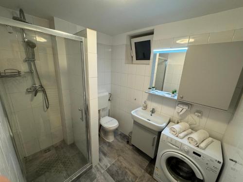 萨图马雷City Center Apartman的带淋浴水槽和洗衣机的浴室