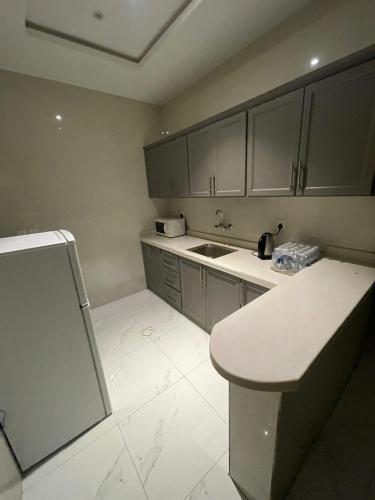 海米斯穆谢特الجود مخيم شقة استراحة بيت的厨房配有灰色橱柜、水槽和柜台。