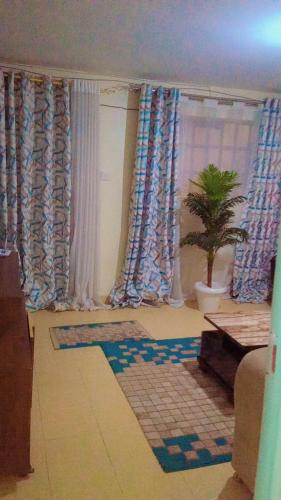 纳库鲁NIKIFLATS的客厅配有窗帘和盆栽