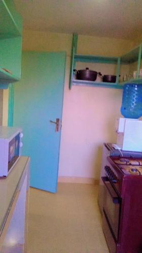 纳库鲁NIKIFLATS的厨房设有蓝色的门和炉灶。