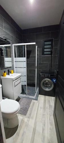 拉波塞雄Villa Belle Vie - Climatisée & Piscine chauffée的浴室配有卫生间、盥洗盆和淋浴。