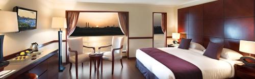 阿斯旺NILE CRUISE NAJ Every Thursday from Luxor 4 nights & every Monday from Aswan 3 nights的酒店客房设有一张大床和一张书桌。