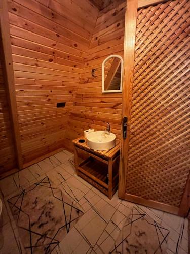 萨卡里亚Sapanca Sis Vadi Bungalov的木制客房内的带水槽的浴室