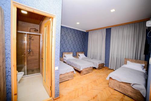 茨卡尔图博Hotel Samta的客房设有两张床和淋浴。