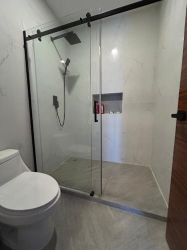 坎昆Suites Athos4的一间带卫生间和玻璃淋浴间的浴室