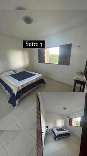 尼西亚弗洛雷斯塔Granja do Sossego Bonfim的卧室两张照片,配有一张床和一个窗户
