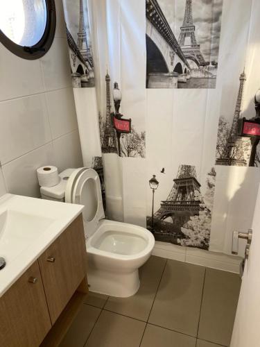 圣地亚哥Amoblados MyK Metro Irarrazabal的一间带卫生间和水槽的浴室