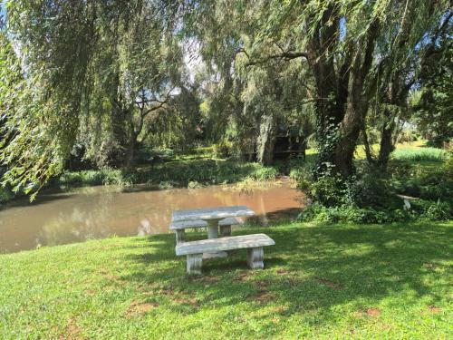 希尔顿Air Lakehouse的坐在池塘附近的草地上的公园长凳