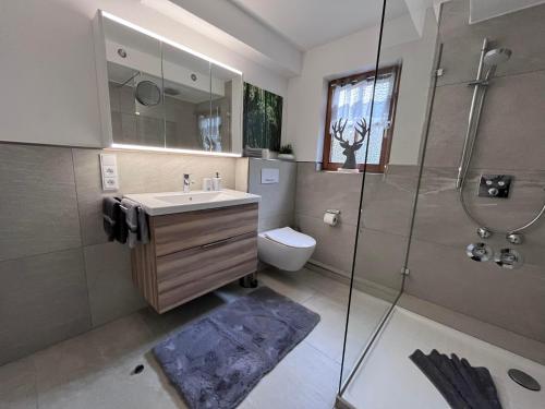 上迈塞尔施泰因Ferienwohnung Alpenherz的带淋浴、盥洗盆和卫生间的浴室