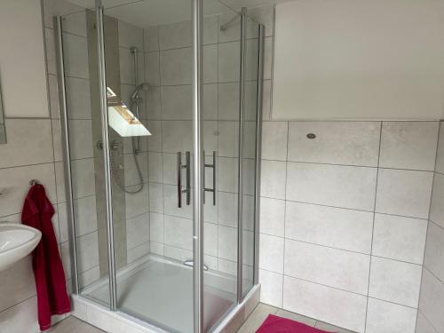 Belgershain金冠酒店的浴室里设有玻璃门淋浴