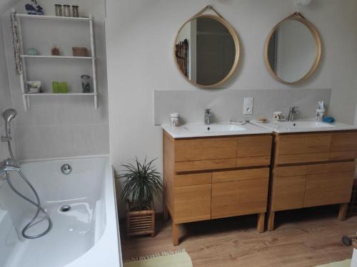 Tourville-sur-SienneChambre d'hôtes的一间带水槽和镜子的浴室