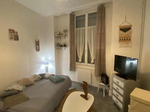 沙勒维尔-梅济耶尔Studio cosy proche centre (CDG)的一间卧室配有一张床、一台电视和一张桌子