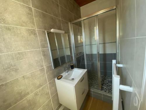 滨海勒维维耶Charmant logement avec 2 véranda的浴室配有白色水槽和淋浴。