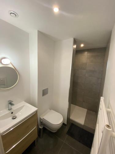 布格奈斯Studio neuf avec jardin privatif的浴室配有卫生间、盥洗盆和淋浴。