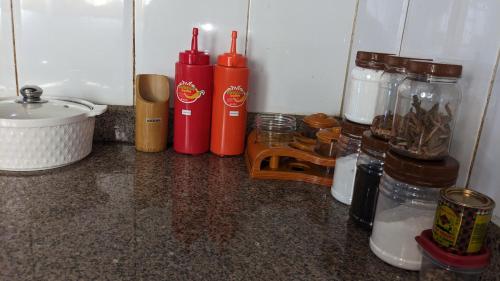 莫罗戈罗Kinyanjui's Homes 001 with WiFi的柜台上带瓶子和罐子的厨房台面