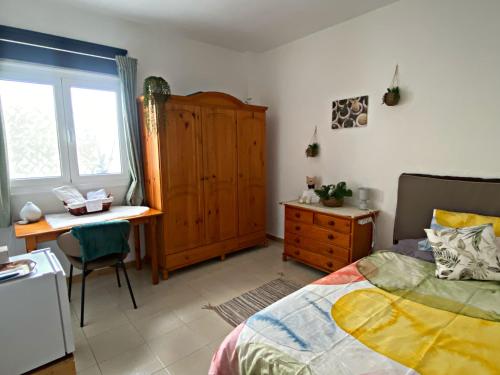 阿雷西费Amanecer Isleño Habitaciones的一间卧室配有一张床、一张书桌和一个梳妆台