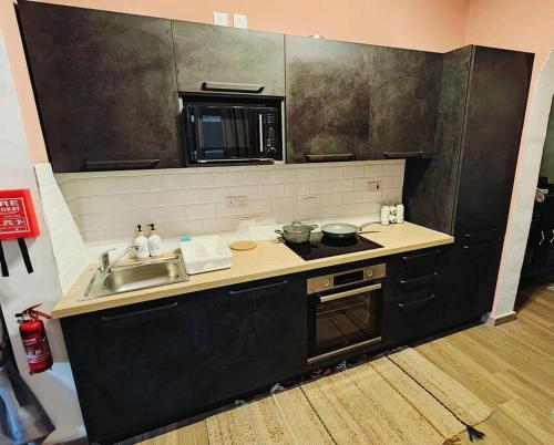 森格莱阿Cosy Apartment in Senglea的厨房配有水槽、炉灶和微波炉