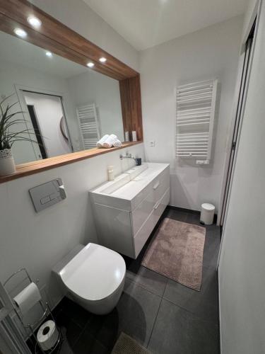 昂蒂布Vieil Antibes Apartment with AC 320m from Beach的浴室配有白色卫生间和盥洗盆。