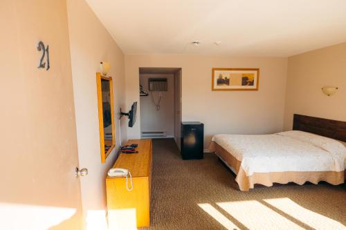 米西索加克拉克森村汽车旅馆 的一间卧室配有一张床、梳妆台和镜子