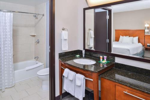 赫恩登Hyatt Place Herndon Dulles Airport - East的一间带水槽和卫生间的浴室以及一张床