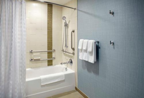 Lyndhurst克利夫兰/林德赫斯特/传统村凯悦嘉轩酒店的浴室配有浴缸、淋浴和毛巾。