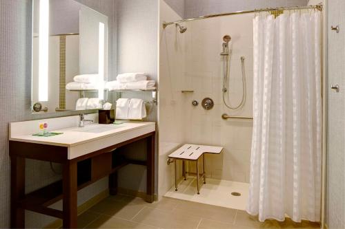 圣保罗圣保罗凯悦酒店的浴室配有水槽和带浴帘的淋浴