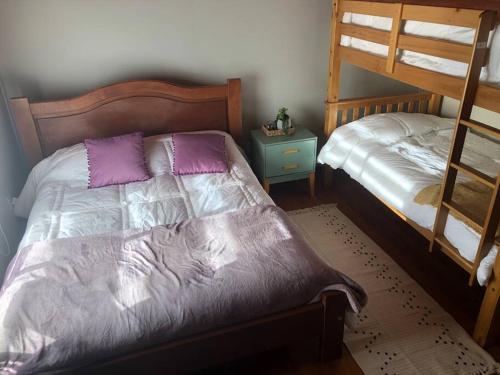 蓬塔阿雷纳斯Departamento cerro de la cruz的一间卧室配有两张双层床和紫色枕头