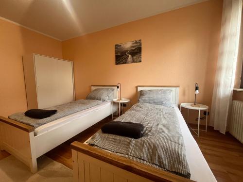 弗莱堡Simplex Apartments An Der Dreisam的双床间设有2张单人床。
